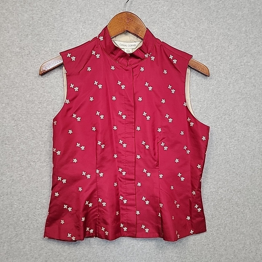 Vintage Casual Corner Red Floral Silk Mandarin Neck Vest Top Cottage Twee Sz 8